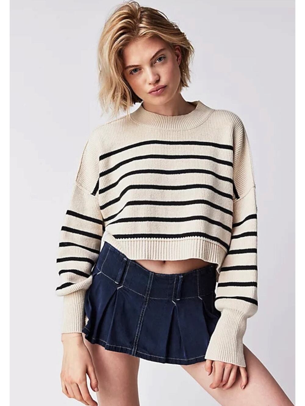 Free People Easy Street Stripe Crop Pullover Medium Cream Black Coastal Preppy